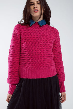 Q2 Women's Sweater One Size / Fuchsia Waffle Knit Relaxed Jumper With High Neck In Red