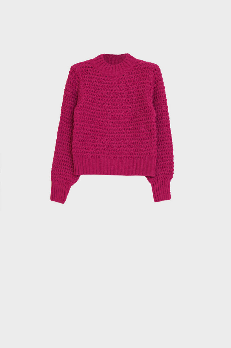 Q2 Women's Sweater One Size / Fuchsia Waffle Knit Relaxed Jumper With High Neck In Red