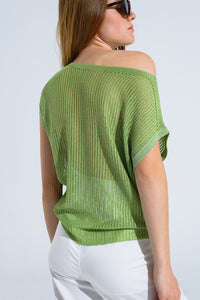 Q2 Women's Sweater One Size / Green Boat Neck Ribbed Sweater With Cap Sleeves In Green