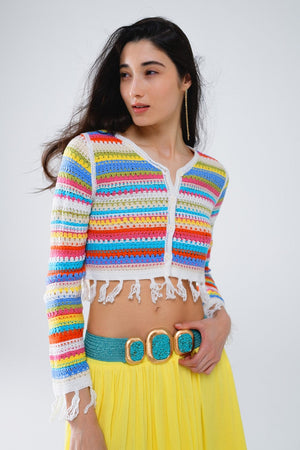 Q2 Women's Sweater One Size / Green Cropped Crochet Cardigan In Multicolor Stripe