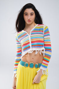 Q2 Women's Sweater One Size / Green Cropped Crochet Cardigan In Multicolor Stripe