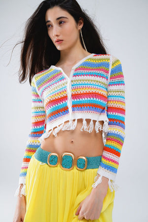 Q2 Women's Sweater One Size / Green Cropped Crochet Cardigan In Multicolor Stripe