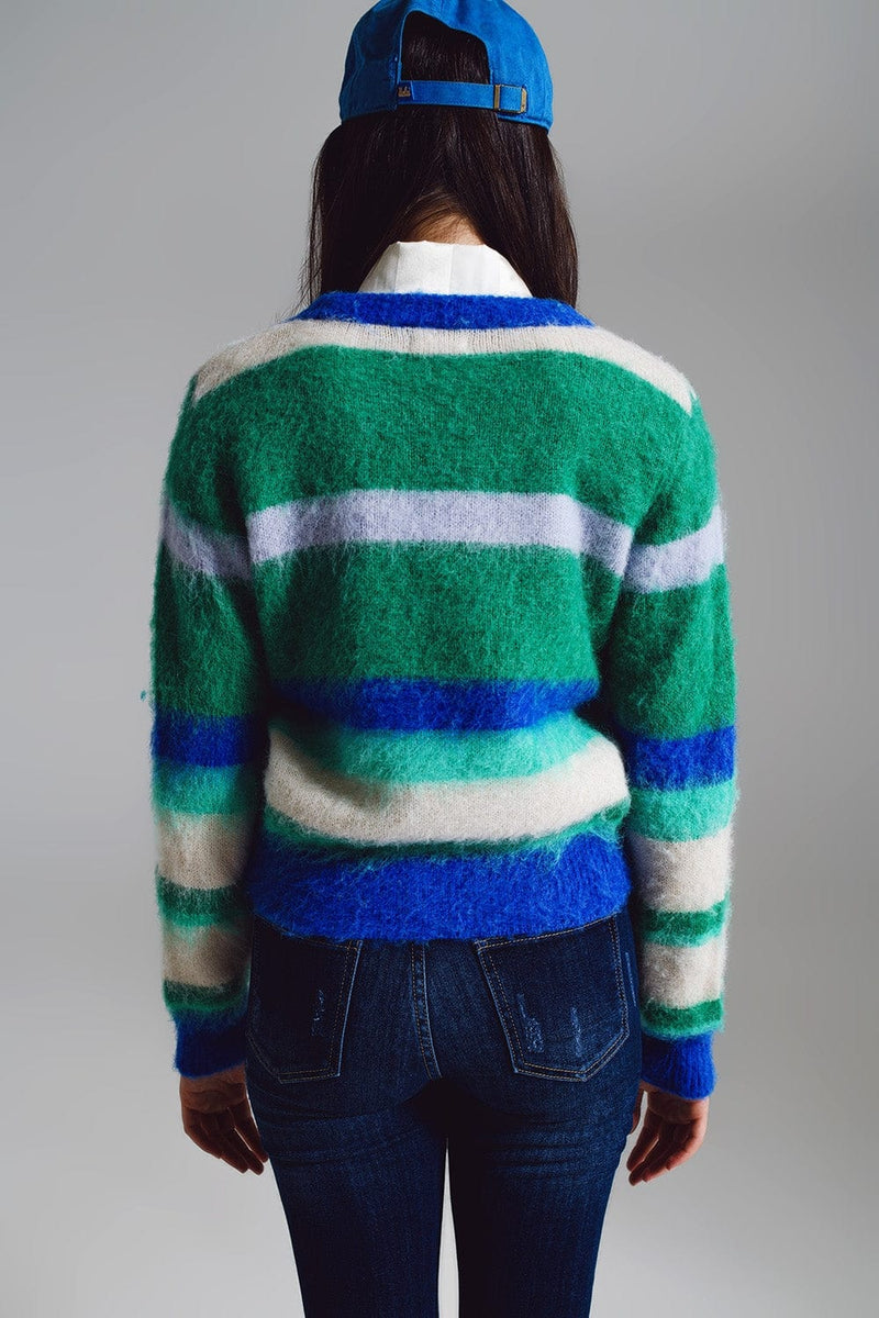 Q2 Women's Sweater One Size / Green Fluffy Stripy Sweater In Shades Of Blue Green And White