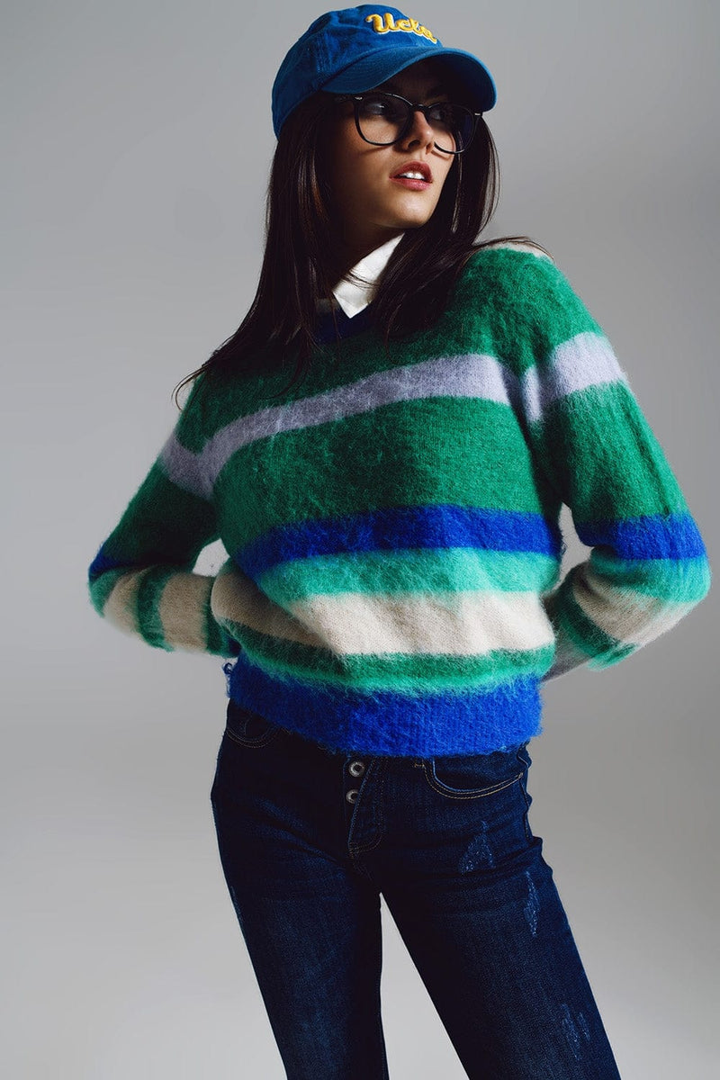 Q2 Women's Sweater One Size / Green Fluffy Stripy Sweater In Shades Of Blue Green And White