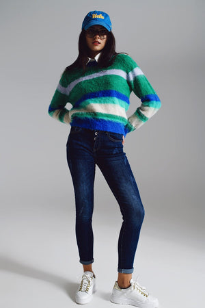 Q2 Women's Sweater One Size / Green Fluffy Stripy Sweater In Shades Of Blue Green And White