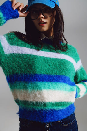 Q2 Women's Sweater One Size / Green Fluffy Stripy Sweater In Shades Of Blue Green And White