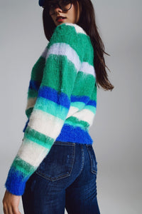 Q2 Women's Sweater One Size / Green Fluffy Stripy Sweater In Shades Of Blue Green And White