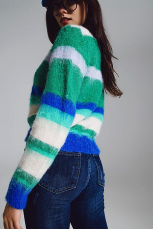 Q2 Women's Sweater One Size / Green Fluffy Stripy Sweater In Shades Of Blue Green And White