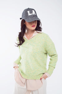 Q2 Women's Sweater One Size / Green Green Fluffy Knit Sweater With V-Neck