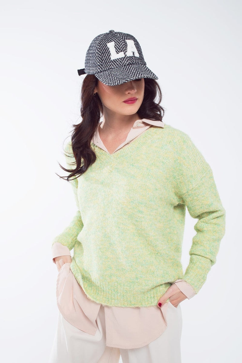 Q2 Women's Sweater One Size / Green Green Fluffy Knit Sweater With V-Neck