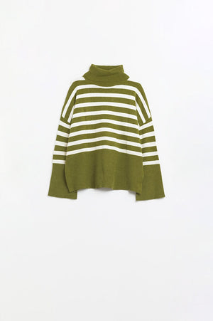 Q2 Women's Sweater One Size / Green Green Oversized Trutleneck Sweater With White Stripes And Splits On The Side