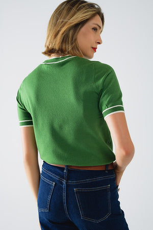 Q2 Women's Sweater One Size / Green Green Short Sleeve Sweater With White Line Detail