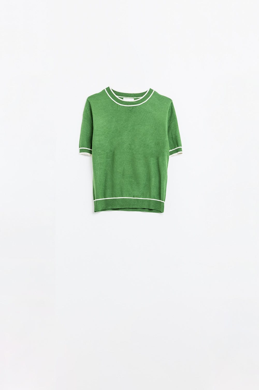 Q2 Women's Sweater One Size / Green Green Short Sleeve Sweater With White Line Detail