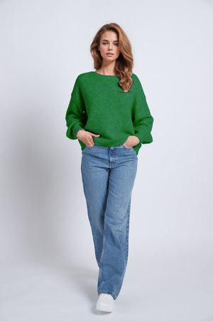 Q2 Women's Sweater One Size / Green Green Sweater With Long Sleeves And Rounded Collar