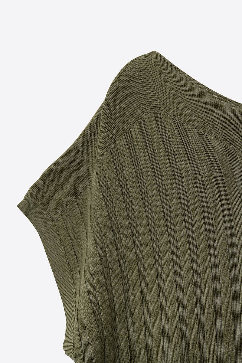 Q2 Women's Sweater One Size / Green Khaki Fine Rib Knitted Sweater With Boat Neck