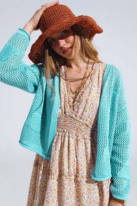 Q2 Women's Sweater One Size / Green Knitted Crochet Cardigan With Knitted Clouds In Light Turquoise