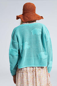 Q2 Women's Sweater One Size / Green Knitted Crochet Cardigan With Knitted Clouds In Light Turquoise