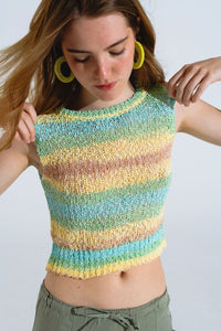 Q2 Women's Sweater One Size / Green Knitted Multicolor Sleeveless Sweater With Stripes And Crew Neckline