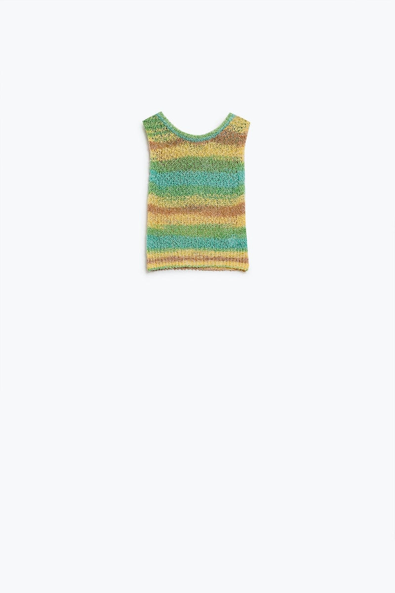 Q2 Women's Sweater One Size / Green Knitted Multicolor Sleeveless Sweater With Stripes And Crew Neckline