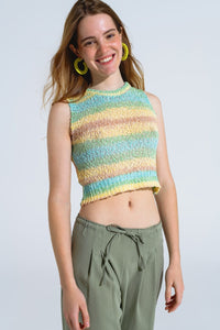 Q2 Women's Sweater One Size / Green Knitted Multicolor Sleeveless Sweater With Stripes And Crew Neckline
