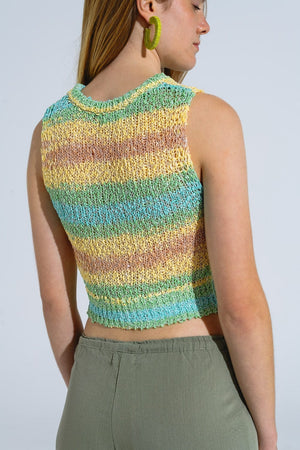 Q2 Women's Sweater One Size / Green Knitted Multicolor Sleeveless Sweater With Stripes And Crew Neckline