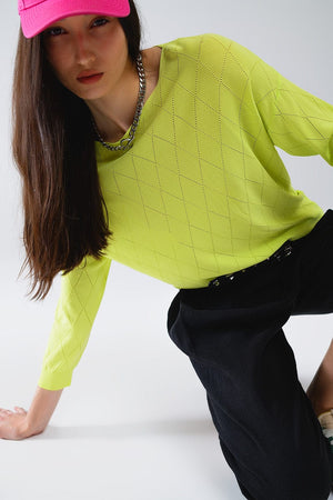 Q2 Women's Sweater One Size / Green Lime Colored Sweater In Argyle Print With Boat Neck