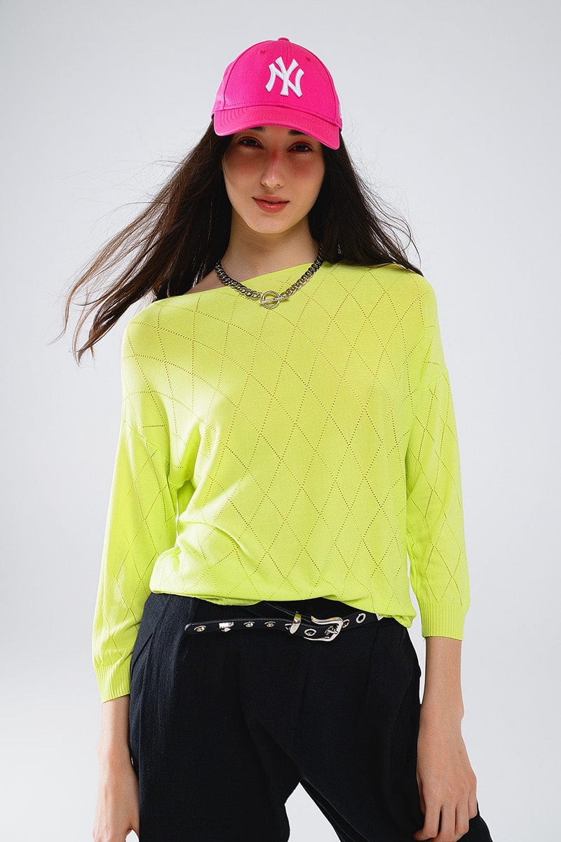 Q2 Women's Sweater One Size / Green Lime Colored Sweater In Argyle Print With Boat Neck