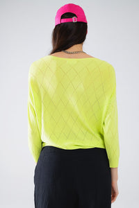 Q2 Women's Sweater One Size / Green Lime Colored Sweater In Argyle Print With Boat Neck