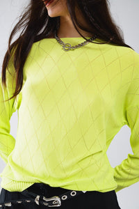 Q2 Women's Sweater One Size / Green Lime Colored Sweater In Argyle Print With Boat Neck