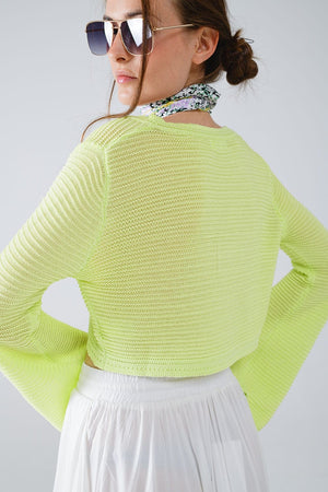 Q2 Women's Sweater One Size / Green Long Bell Sleeve Knitted Cardigan In Lime Green With Knot Detail