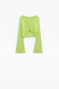 Q2 Women's Sweater One Size / Green Long Bell Sleeve Knitted Cardigan In Lime Green With Knot Detail