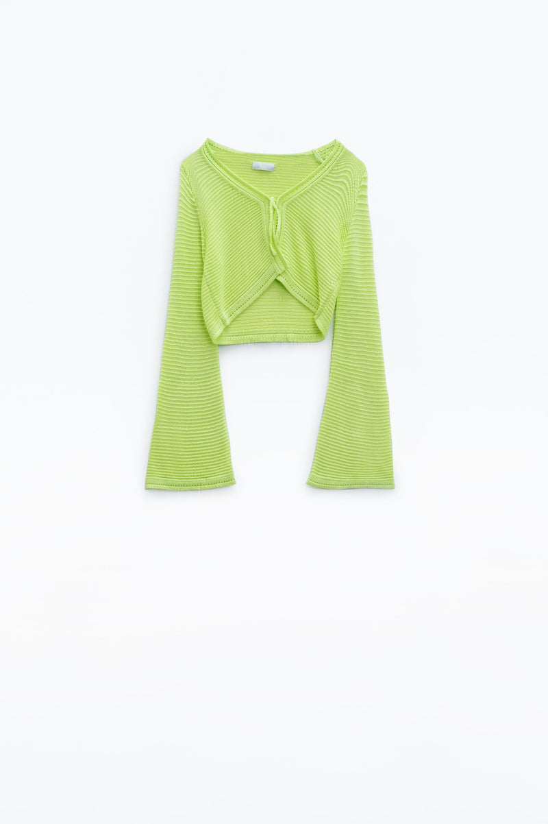 Q2 Women's Sweater One Size / Green Long Bell Sleeve Knitted Cardigan In Lime Green With Knot Detail