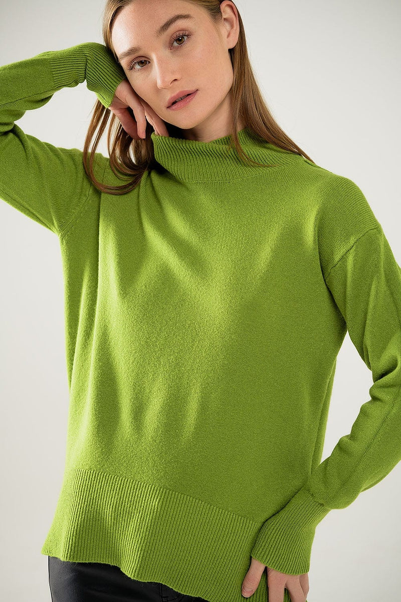 Q2 Women's Sweater One Size / Green Loose Green Sweater With Opening In The Back