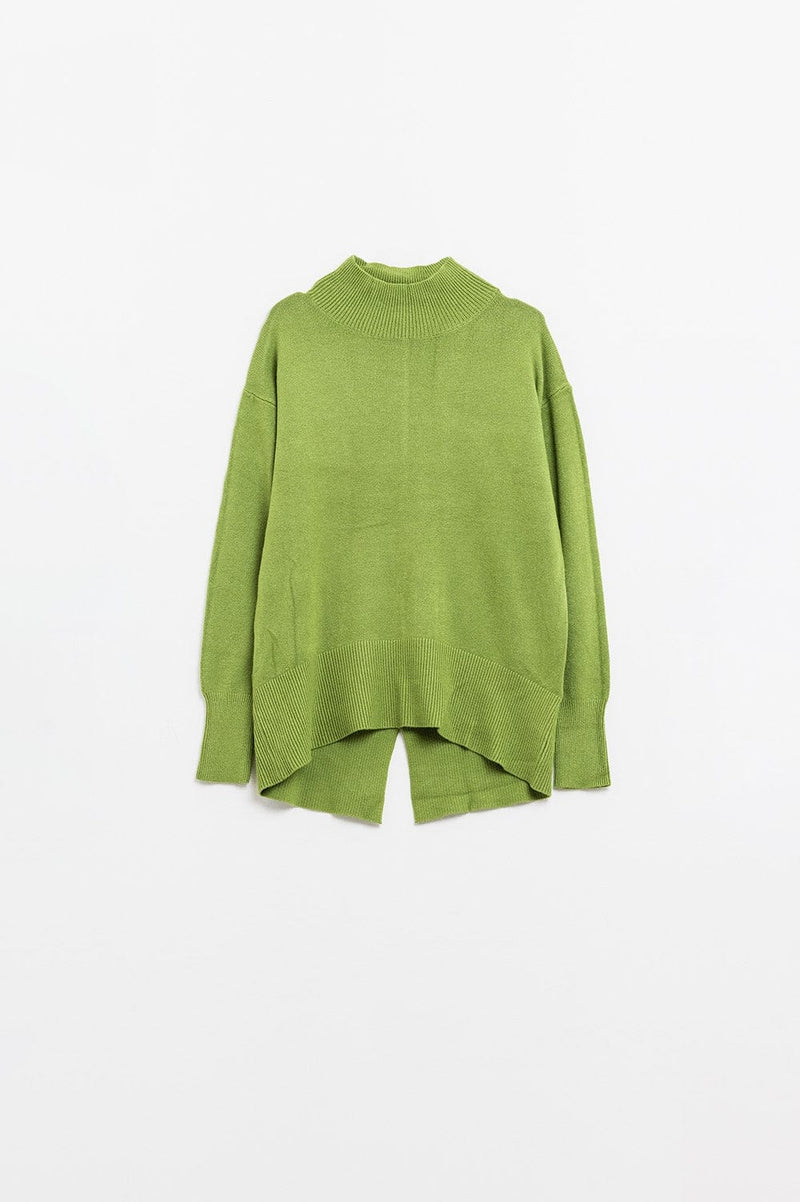 Q2 Women's Sweater One Size / Green Loose Green Sweater With Opening In The Back