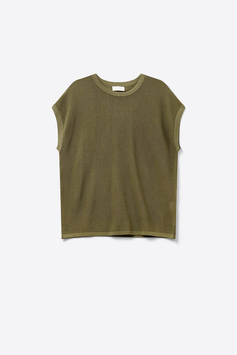 Q2 Women's Sweater One Size / Green Mesh Knit Sweater In Khaki Color