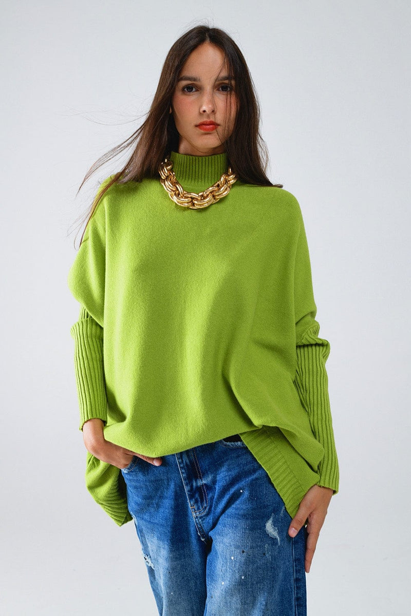 Q2 Women's Sweater One Size / Green Oversized Cozy Green Sweater With Ribbed Sleeves