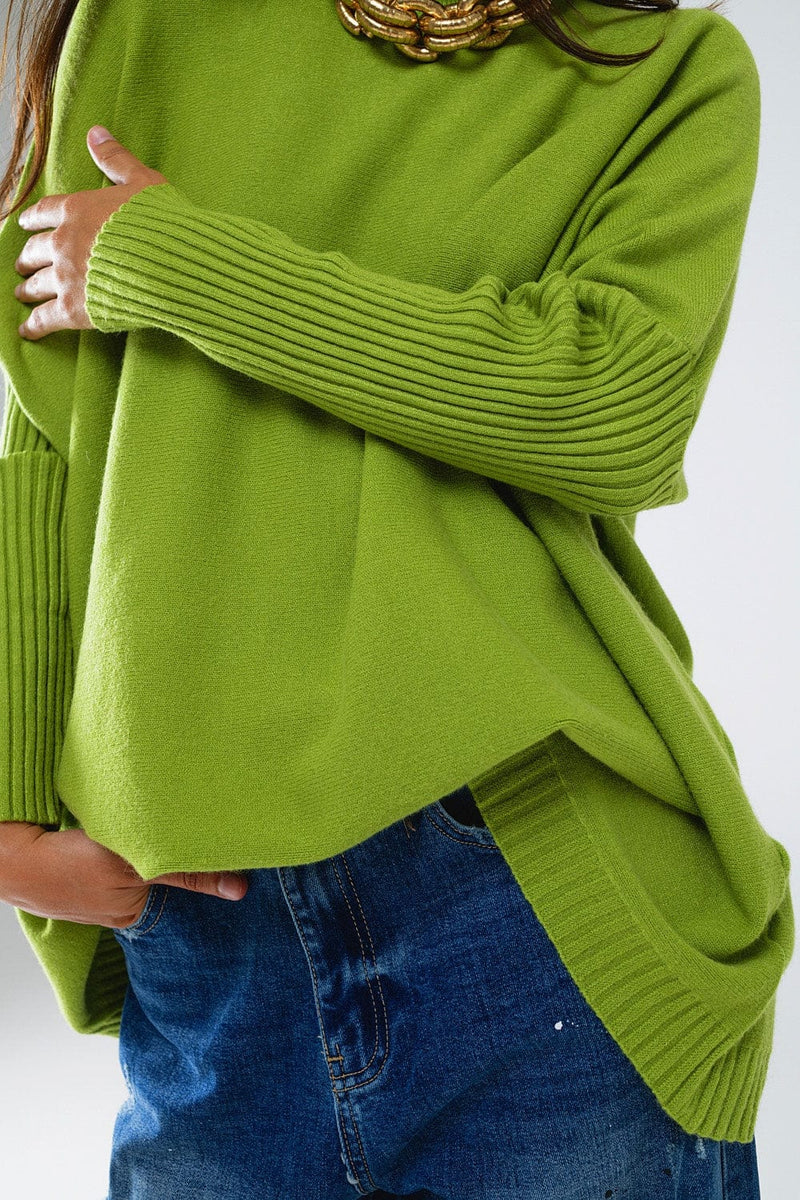 Q2 Women's Sweater One Size / Green Oversized Cozy Green Sweater With Ribbed Sleeves