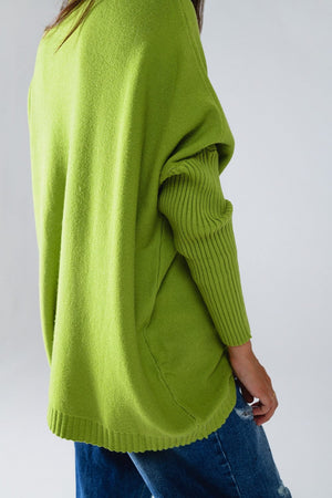 Q2 Women's Sweater One Size / Green Oversized Cozy Green Sweater With Ribbed Sleeves