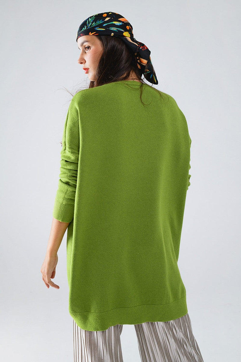 Q2 Women's Sweater One Size / Green Oversized Crew Neck Long Sleeve Sweater In Olive Green