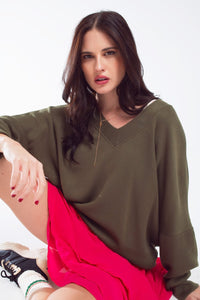 Q2 Women's Sweater One Size / Green Oversized Olive Green Swearshirt Wth V-Neckline