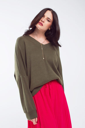 Q2 Women's Sweater One Size / Green Oversized Olive Green Swearshirt Wth V-Neckline