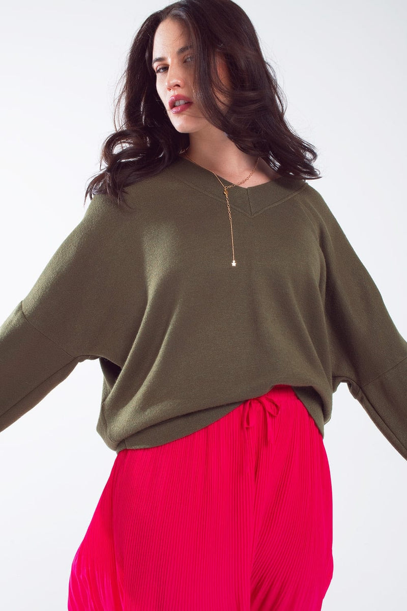 Q2 Women's Sweater One Size / Green Oversized Olive Green Swearshirt Wth V-Neckline