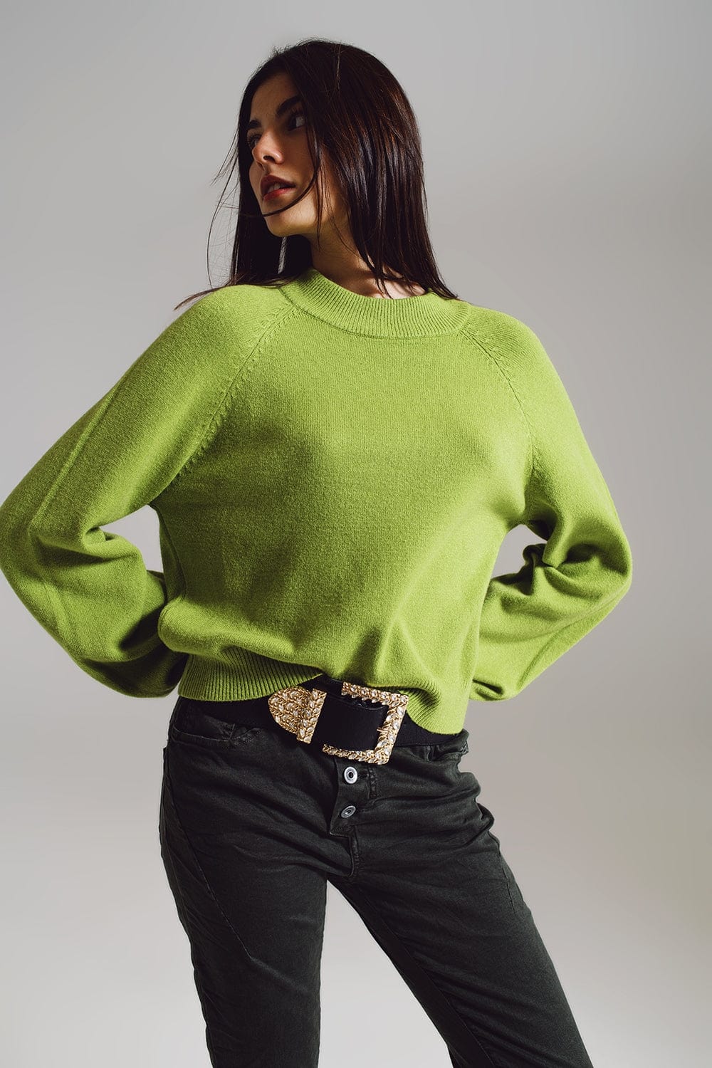 Q2 Women's Sweater One Size / Green Relaxed Style Green Jumper With Balloon Sleeves