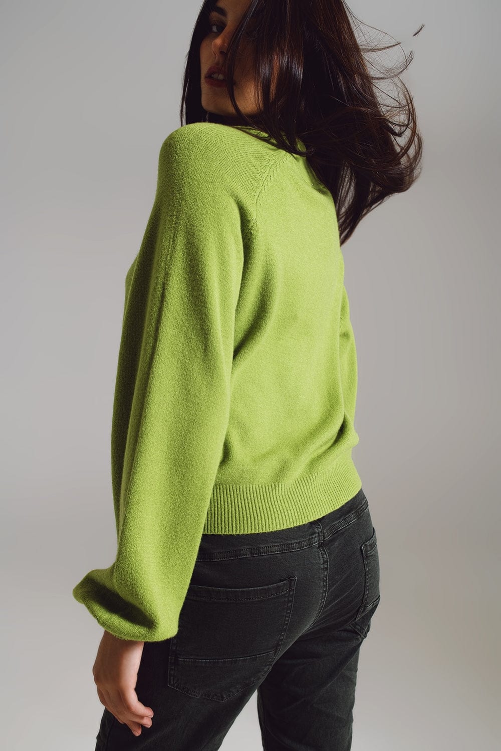 Q2 Women's Sweater One Size / Green Relaxed Style Green Jumper With Balloon Sleeves