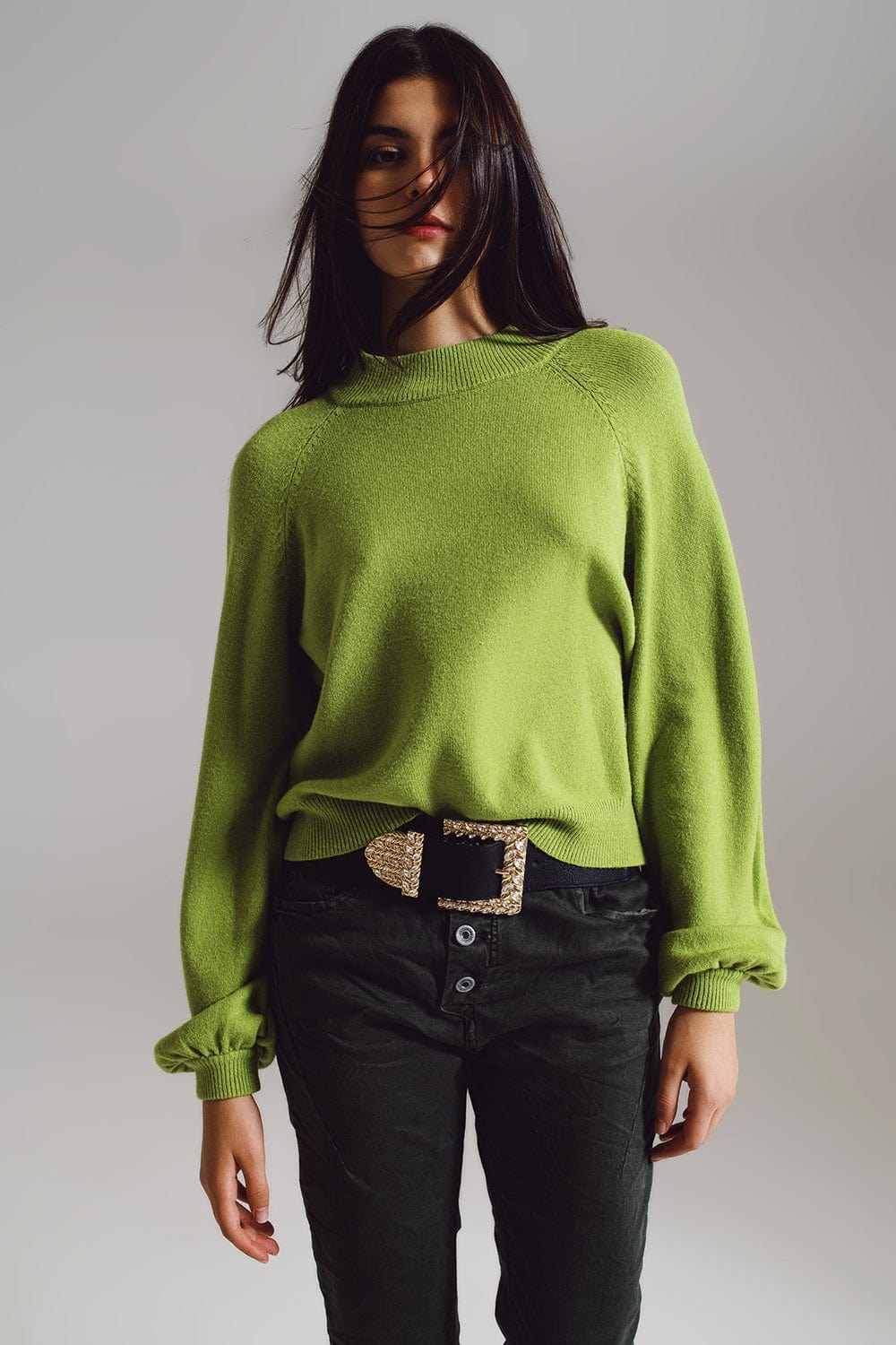 Q2 Women's Sweater One Size / Green Relaxed Style Green Jumper With Balloon Sleeves