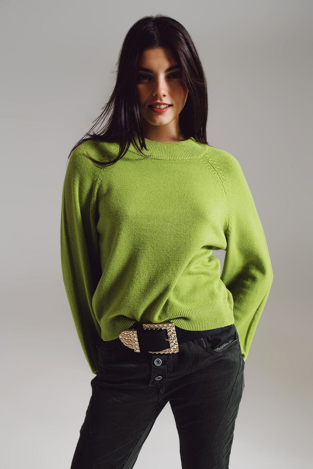 Q2 Women's Sweater One Size / Green Relaxed Style Green Jumper With Balloon Sleeves