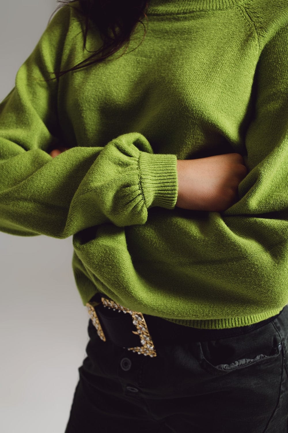 Q2 Women's Sweater One Size / Green Relaxed Style Green Jumper With Balloon Sleeves