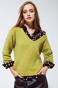 Q2 Women's Sweater One Size / Green Soft Green Jumper With V Neck