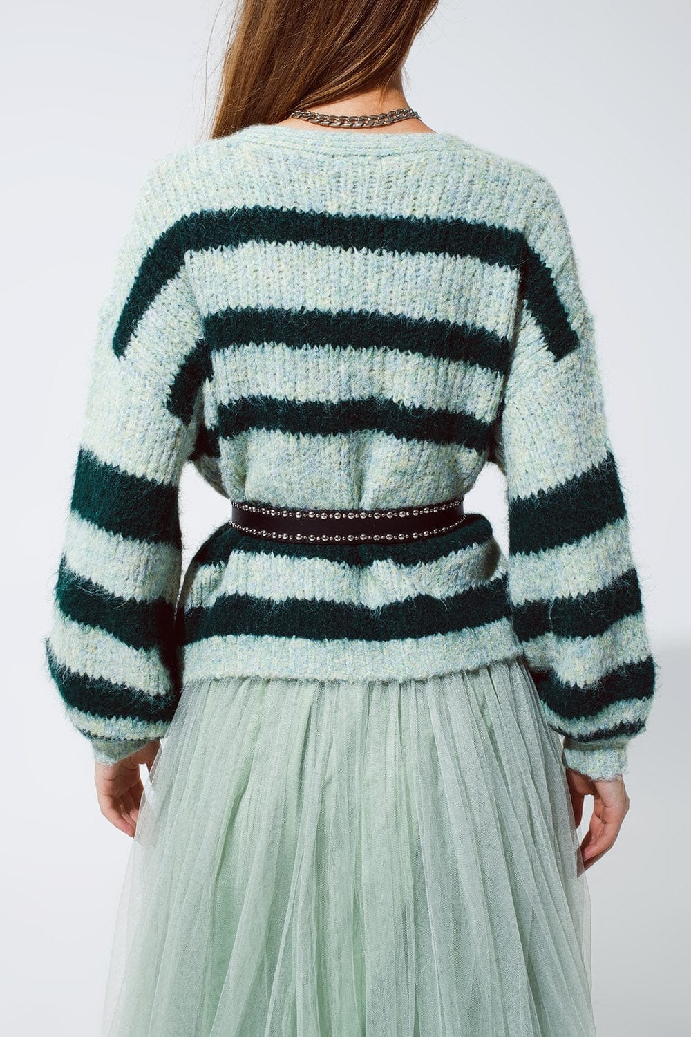 Q2 Women's Sweater One Size / Green Super Fluffy Oversized Cardigan In Striped Green Design