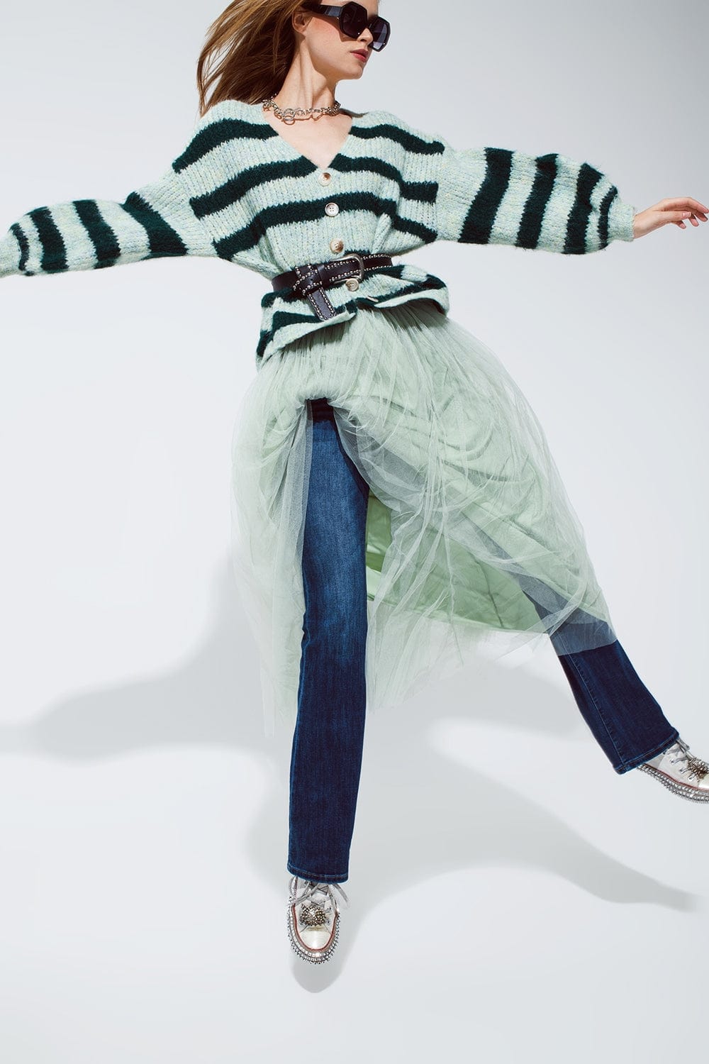 Q2 Women's Sweater One Size / Green Super Fluffy Oversized Cardigan In Striped Green Design
